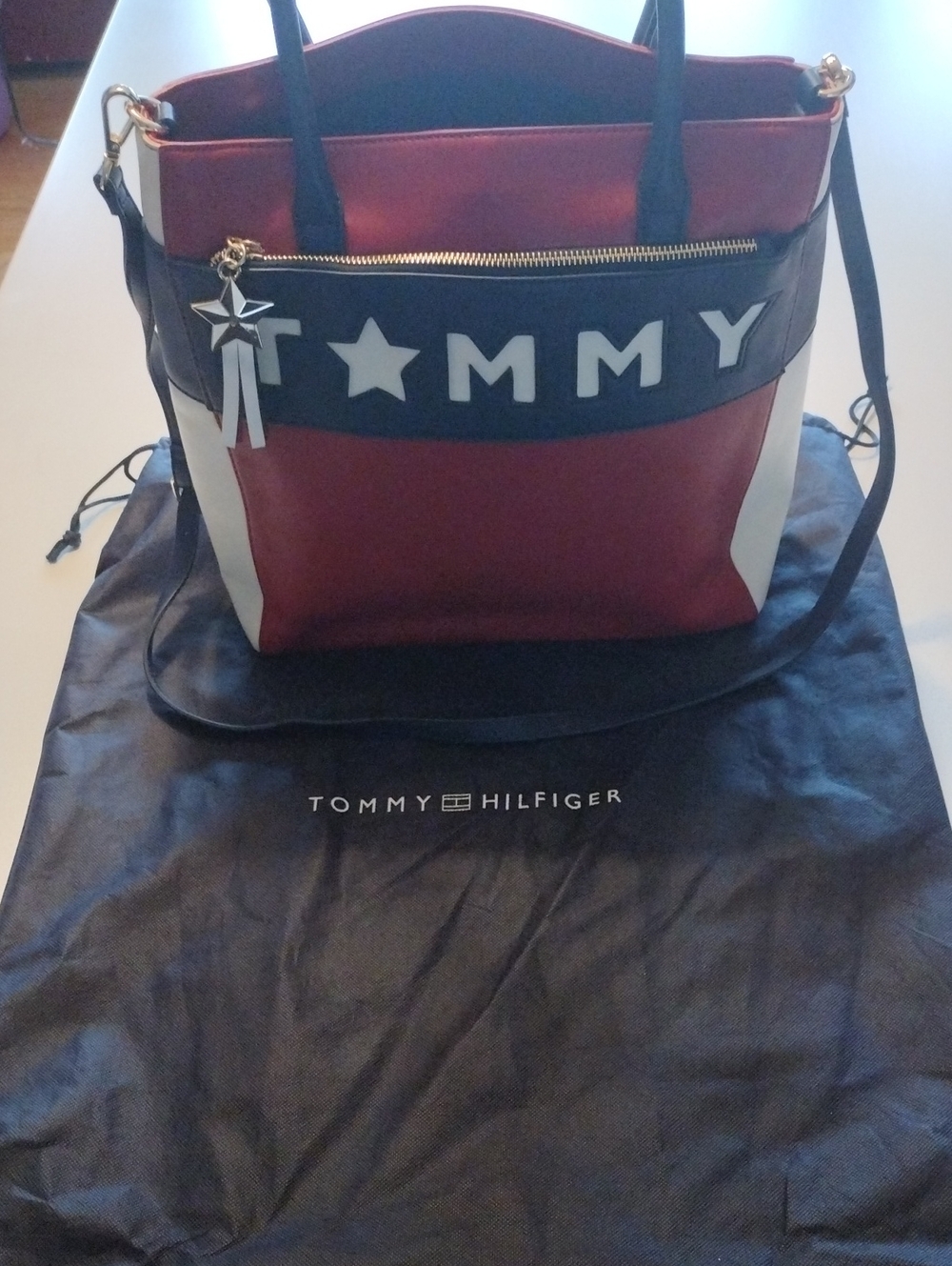 Tommy Hilfiger Red, Navy & White Messenger Tote with Star Charm